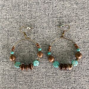 wood and turquoise bead hoop earrings